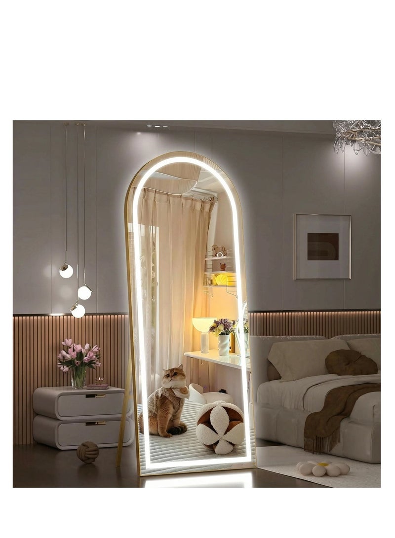 Y&D Arched Full Length Mirror with Lights, 160x50cm LED Full Length Mirror with Stand, Full Body Wall Mounted Hanging Mirror for Bedroom, Dimming  3 Color Lighting - Image 1